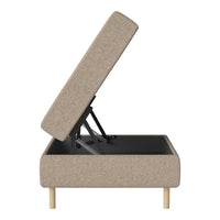 Beige upholstered storage bed with a minimalist design and natural wood legs, featuring a simple, modern aesthetic.