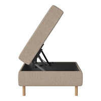 Beige upholstered storage ottoman with minimalist design and natural wood legs. Simple and modern pattern.
