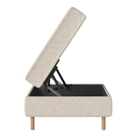 Light beige textured upholstery with natural wooden legs, featuring a modern lift-top design.