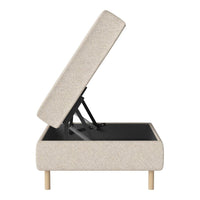 Beige upholstered storage ottoman with a minimalist design and light wood legs, showcasing a clean and modern pattern.