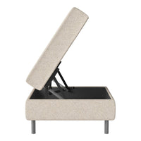 Beige upholstered storage ottoman with a textured pattern and sleek black interior, featuring a hinged top.
