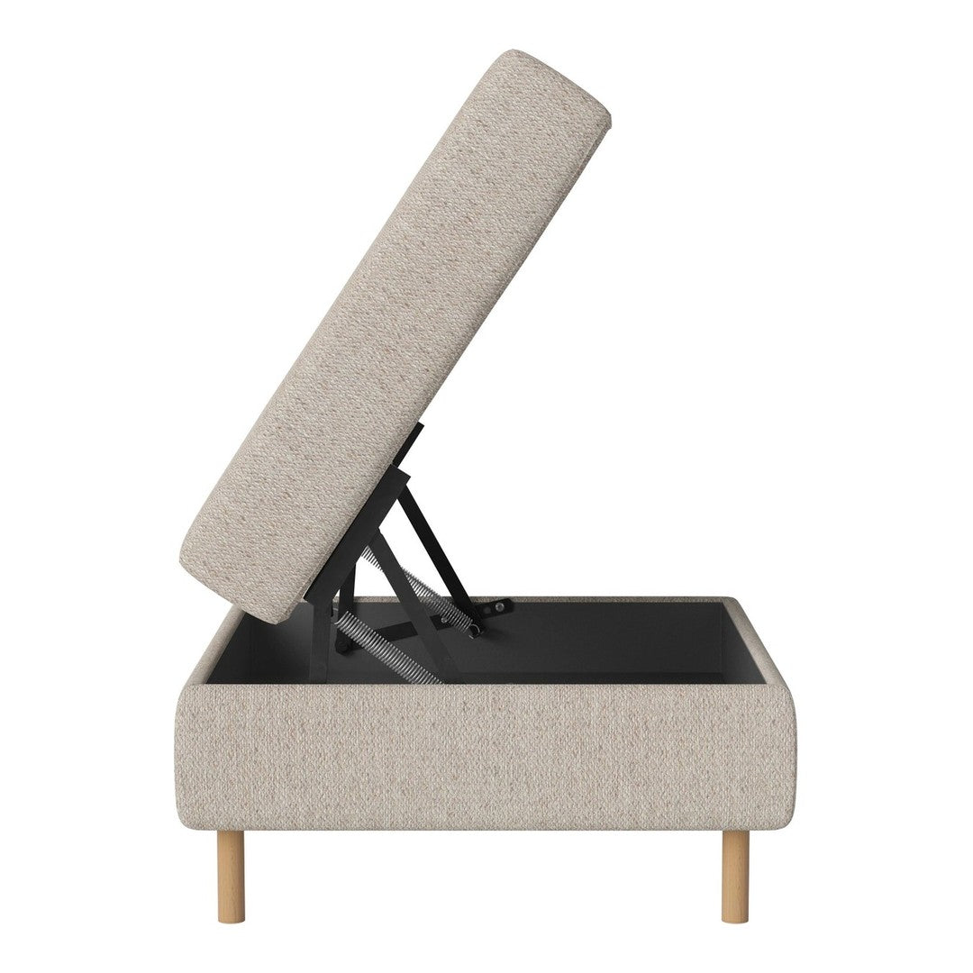 Beige upholstered ottoman with a minimalist design, featuring a textured fabric and natural wood legs.