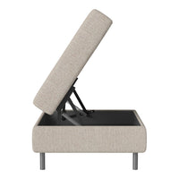 Beige upholstered storage ottoman with a textured fabric and sleek black metal legs. Modern and versatile design.