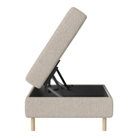 Beige upholstered storage ottoman with a textured fabric and minimalist wooden legs. Stylish and functional design.