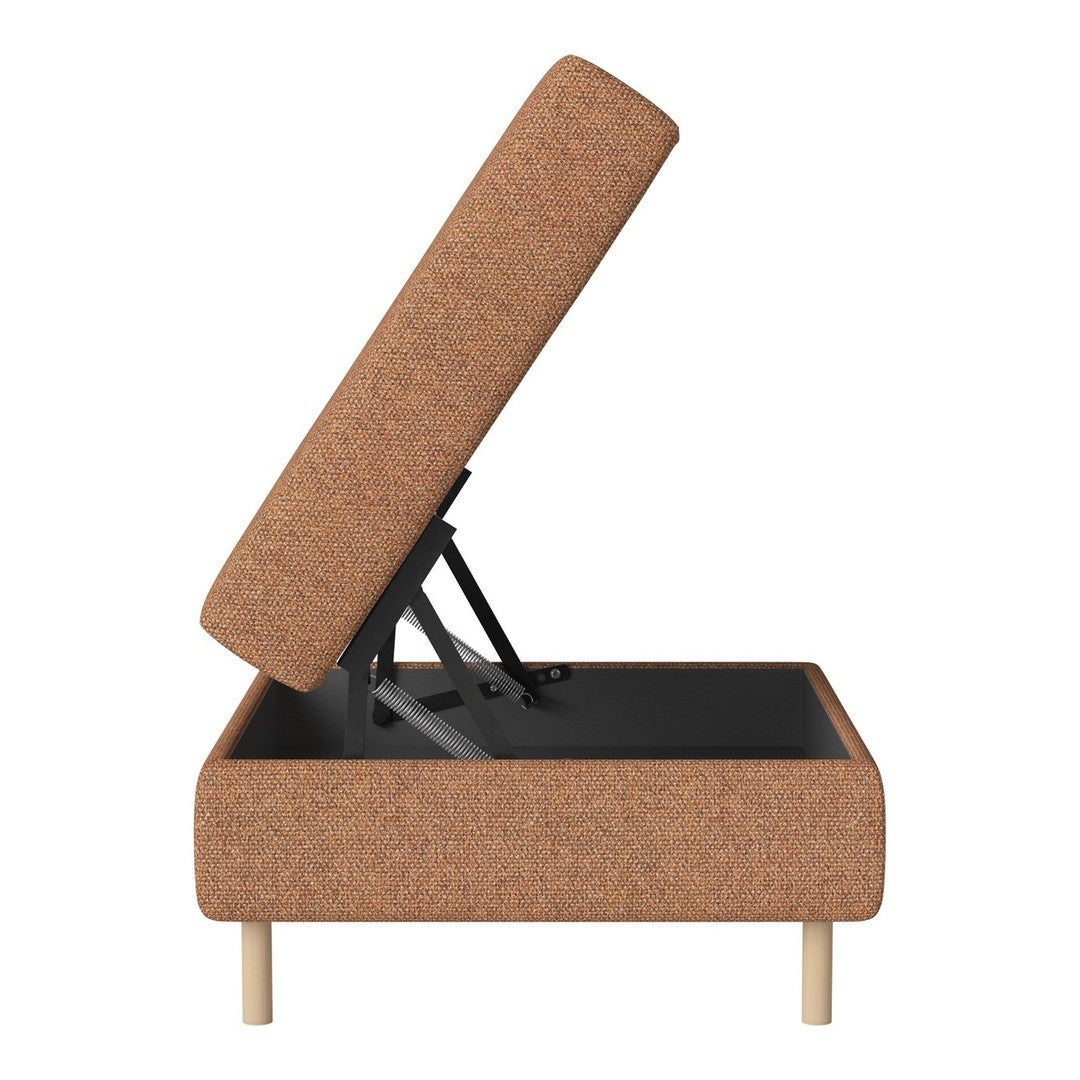 Brown cork upholstered storage bed with minimalist design and light wood legs. Modern, functional, and stylish.