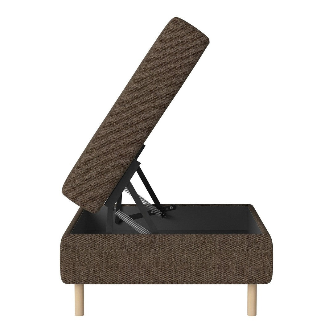 Brown fabric storage ottoman with wooden legs, featuring a modern, minimalist design and a clean-lined structure.