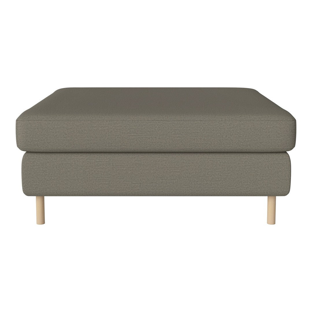 Gray fabric ottoman with a textured pattern and natural wooden legs, ideal for modern decor.