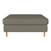 Gray upholstered ottoman with a smooth texture and light wooden legs, perfect for modern living spaces.