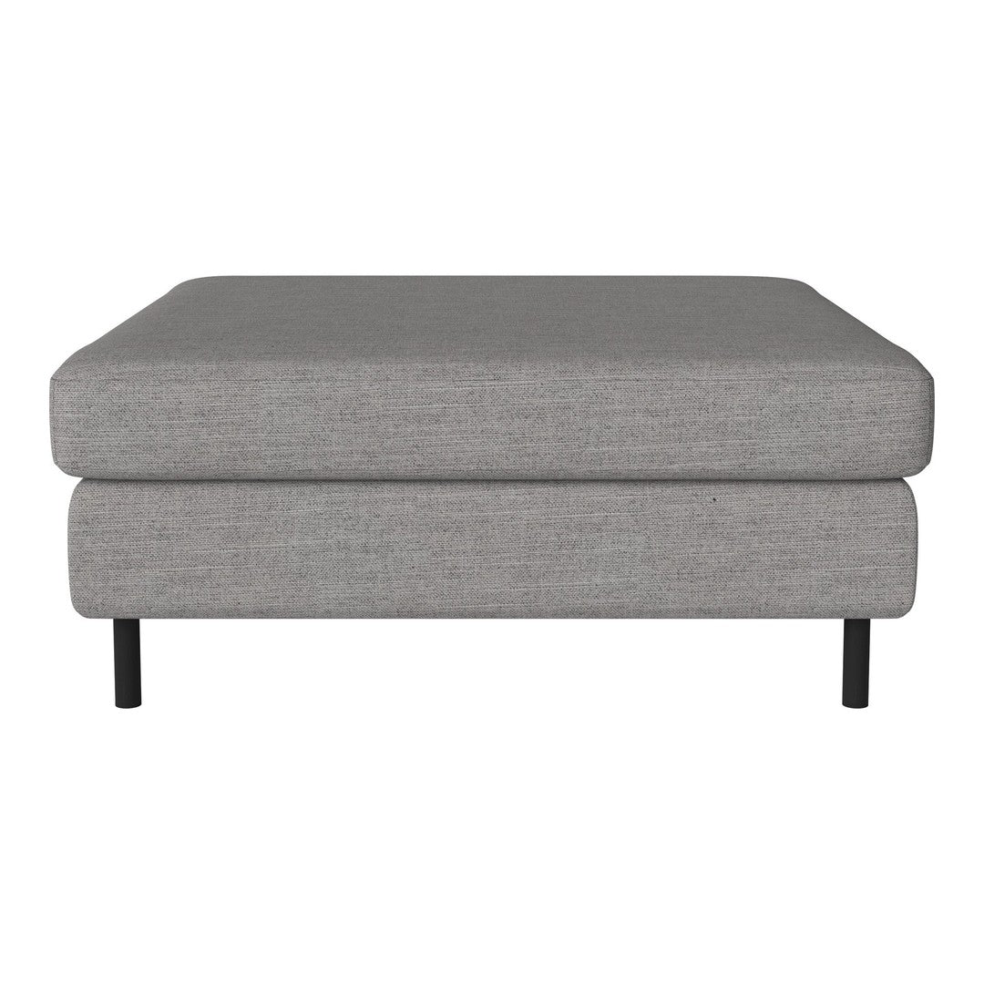Gray rectangular ottoman with a smooth fabric finish and black metal legs. Simple, modern design without patterns.