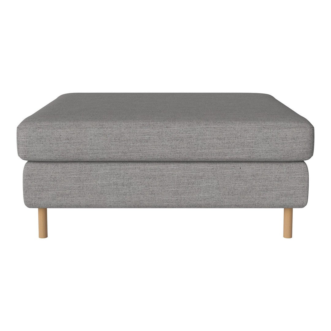 Gray upholstered ottoman with a smooth fabric finish and natural wood legs, perfect for modern decor.