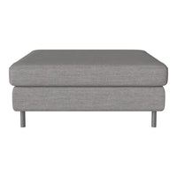 Gray fabric ottoman with a smooth, minimalist design and subtle texture, sleek metal legs.