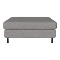 Gray upholstered ottoman with a sleek, minimalist design and black metal legs. Perfect for modern decor.