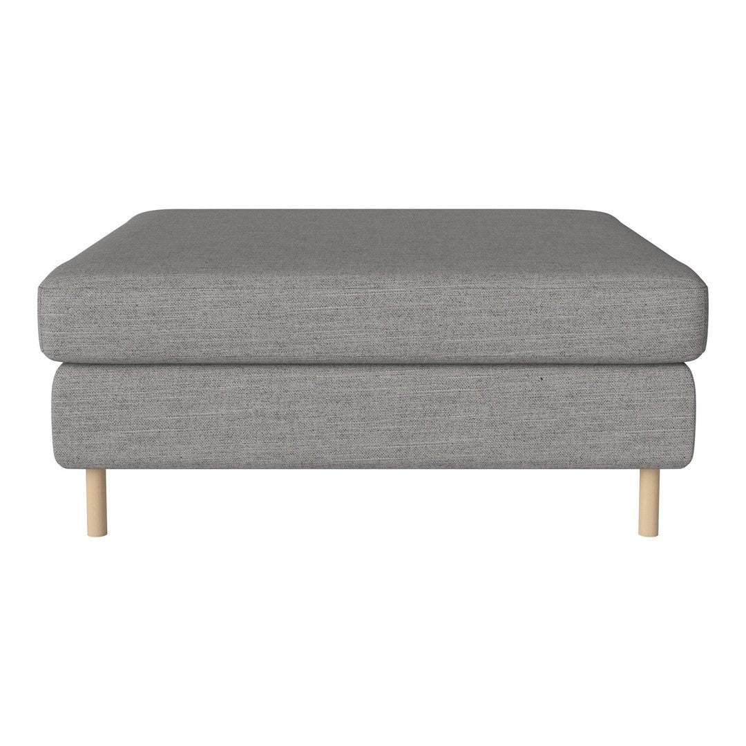 Gray upholstered ottoman with a smooth texture and natural wood legs. Stylish, minimalist design for modern decor.
