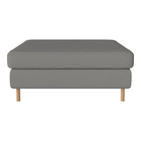 Gray upholstered ottoman with a textured pattern and natural wood legs, perfect for modern decor.
