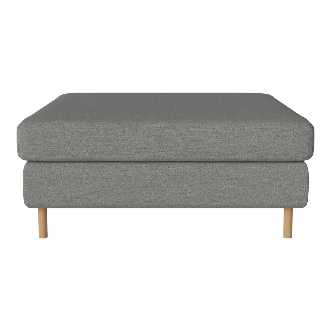 Gray upholstered ottoman with a textured pattern and light wooden legs. Modern and minimalist design for versatile decor.