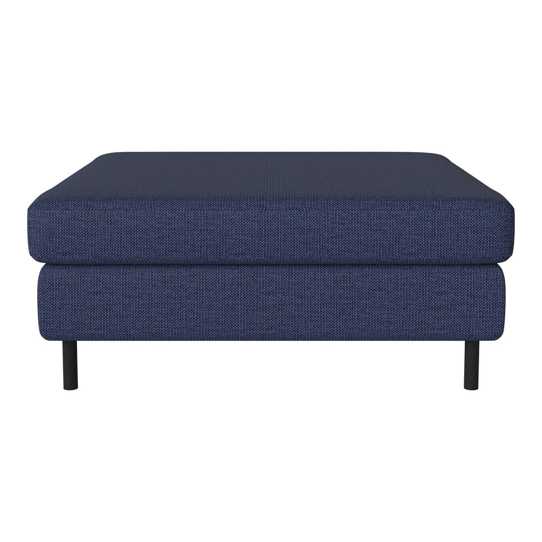 Navy blue upholstered ottoman with textured pattern and black metal legs, perfect for modern living spaces.