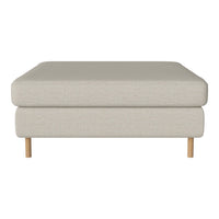 Light beige ottoman with a minimalist design and natural wood legs. Perfect for versatile decor styles.