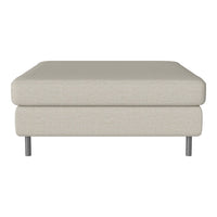 Light beige square ottoman with a smooth fabric texture and sleek metal legs, perfect for modern living spaces.