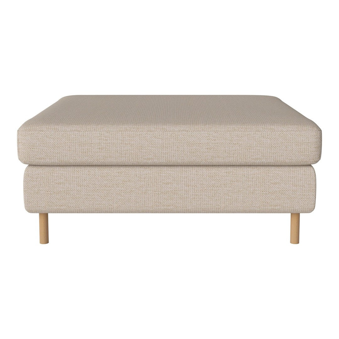 Beige upholstered ottoman with a smooth texture and natural wooden legs, perfect for any modern living space.