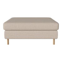Beige upholstered ottoman with a smooth texture and natural wooden legs, perfect for any modern living space.
