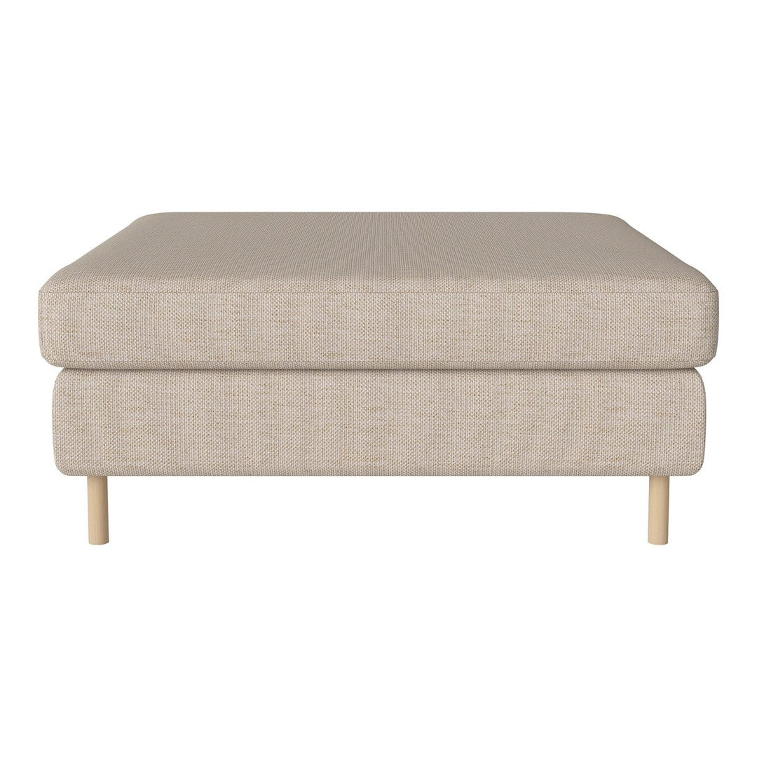 Light beige upholstered ottoman with a smooth texture and minimalist design, showcasing natural wood legs.