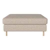 Light beige upholstered ottoman with a smooth texture and minimalist design, showcasing natural wood legs.