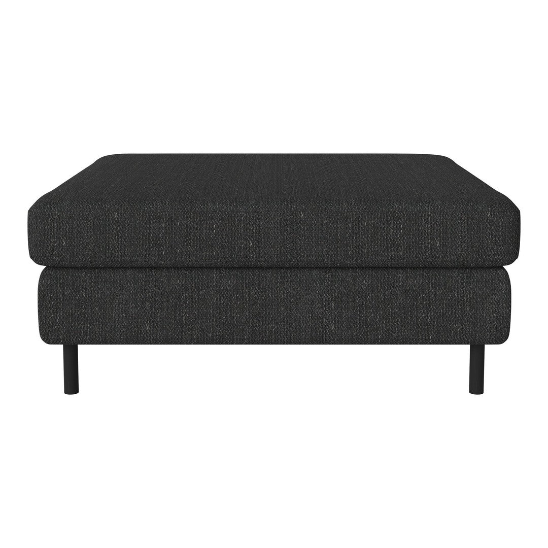 Modern black upholstered ottoman with subtle textured pattern and sleek metal legs. Versatile for any decor.