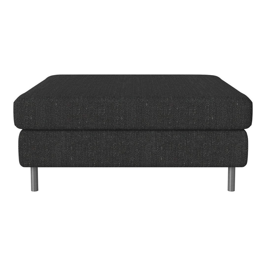 Dark gray upholstered ottoman with a smooth texture and minimalist design, featuring sleek metal legs.