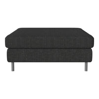 Dark gray upholstered ottoman with a smooth texture and minimalist design, featuring sleek metal legs.
