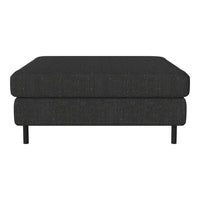 Black fabric ottoman with a sleek, modern design and subtle textured pattern, featuring black legs.