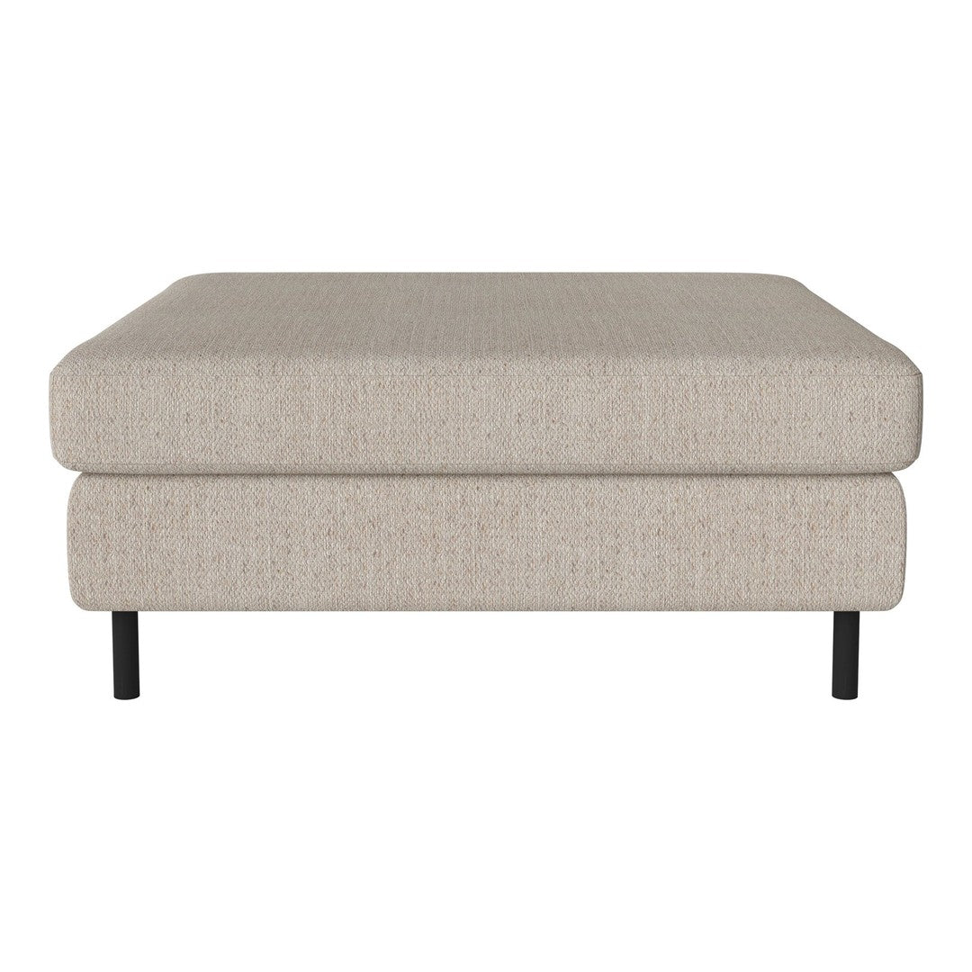 Beige textured ottoman with a minimalist design, featuring black metal legs for a modern touch.