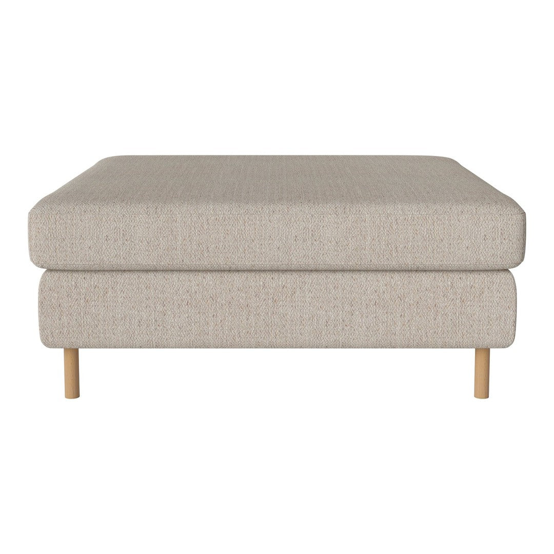 Beige upholstered ottoman with a simple, textured fabric and light wooden legs. Ideal for modern living spaces.