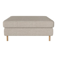 Beige upholstered ottoman with a simple, textured fabric and light wooden legs. Ideal for modern living spaces.