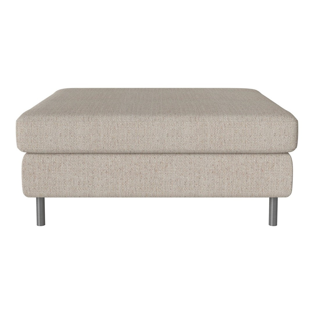 Beige upholstered ottoman with a textured fabric and modern metal legs. Minimalist design for versatile decor.