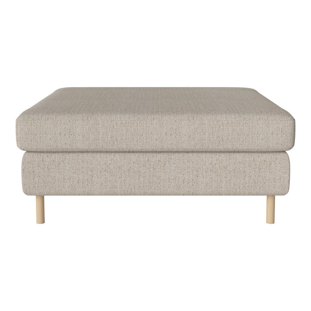 Light beige upholstered ottoman with a textured pattern and natural wood legs, offering a modern and neutral aesthetic.