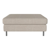 Light beige square ottoman with a textured fabric and sleek metal legs, perfect for any modern decor.