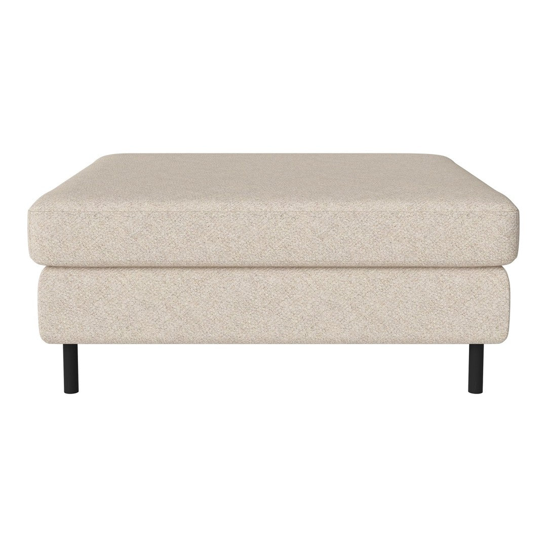 Beige upholstered ottoman with a smooth texture and minimalist design, featuring black metal legs.