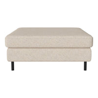 Beige upholstered ottoman with a smooth texture and minimalist design, featuring black metal legs.