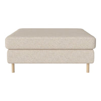 Beige upholstered ottoman with subtle texture and natural wood legs for a minimalist aesthetic.