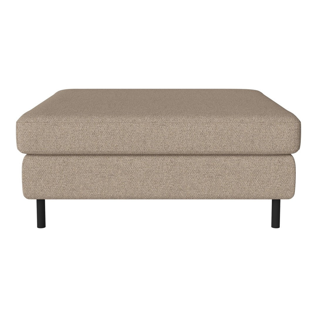 Beige upholstered ottoman with a smooth texture and minimalist design. Features black metal legs for modern appeal.