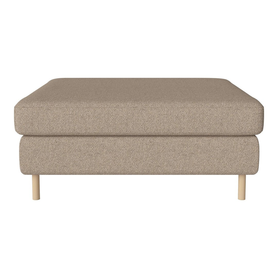Beige ottoman with a textured fabric, featuring a minimalist design and natural wood legs. Ideal for modern interiors.