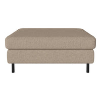 Beige upholstered ottoman with a solid, textured pattern and sleek black legs. Perfect for modern decor.