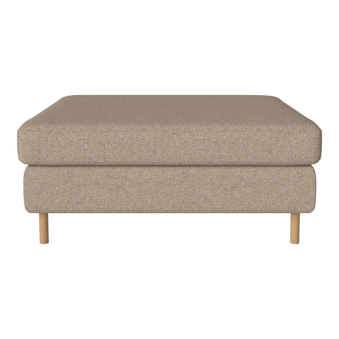 Beige upholstered ottoman with a smooth texture and clean lines, featuring light wooden legs.