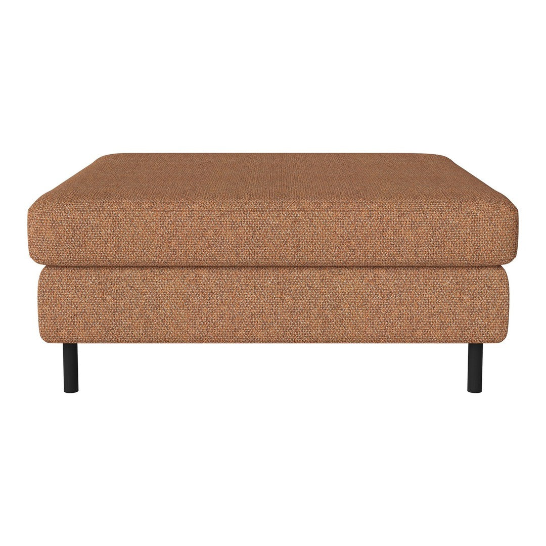 Brown upholstered ottoman with a textured finish and black metal legs, featuring a minimalist design.