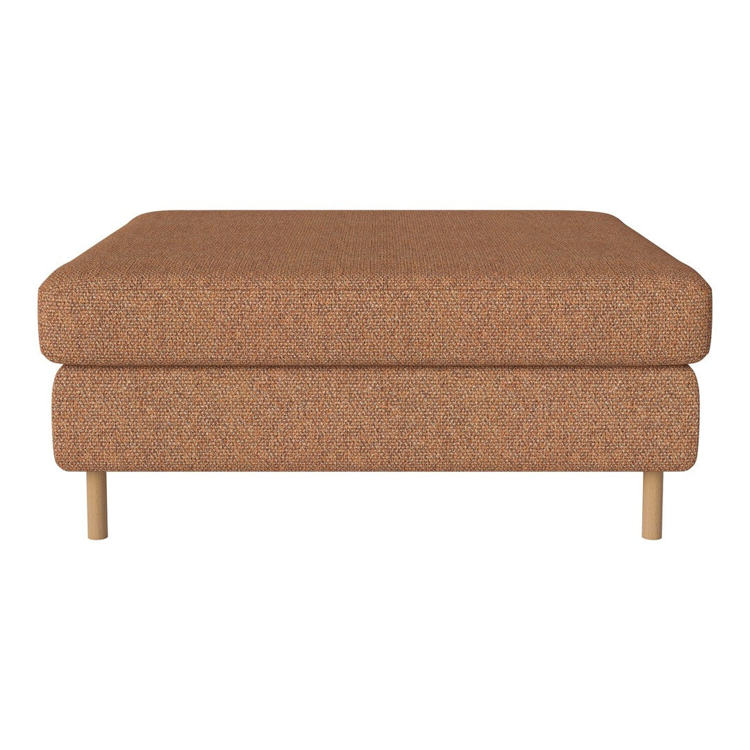 Brown upholstered ottoman with a smooth texture and wooden legs, minimalistic design, perfect for any modern space.