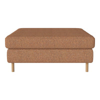 Brown upholstered ottoman with a smooth texture and wooden legs, minimalistic design, perfect for any modern space.