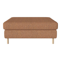 Brown upholstered ottoman with a textured fabric and natural wood legs, perfect for modern interiors.