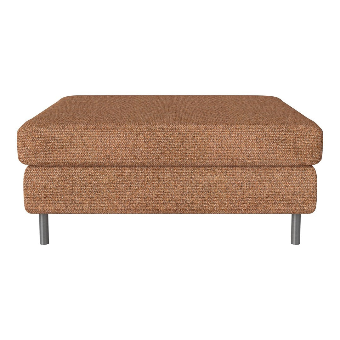 Brown upholstered ottoman with a smooth texture and modern metal legs. Perfect for contemporary living spaces.