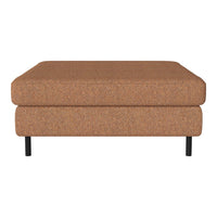 Brown upholstered ottoman with a textured finish and sleek black legs. Perfect for any modern living space.