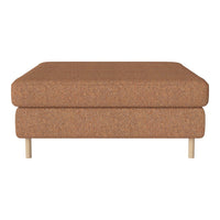 Tan upholstered ottoman with a textured fabric and natural wood legs, ideal for modern home décor.